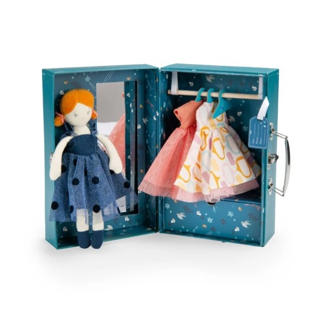 Suitcase with clothes and a soft doll