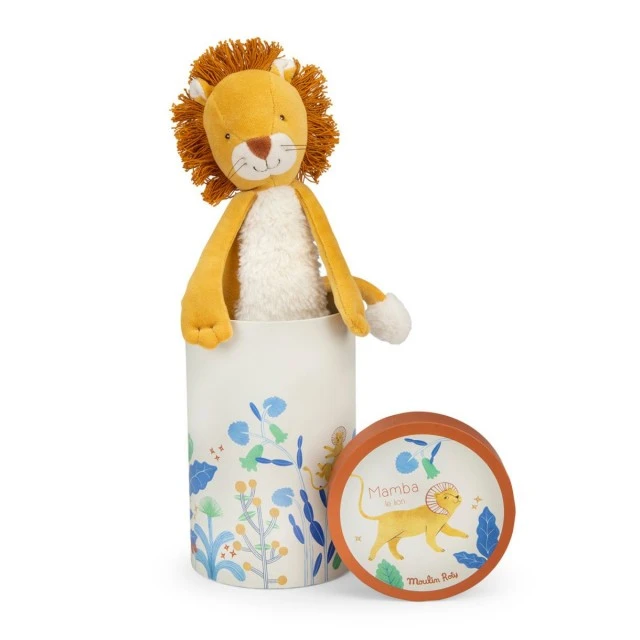 Soft toy lion cub in a box