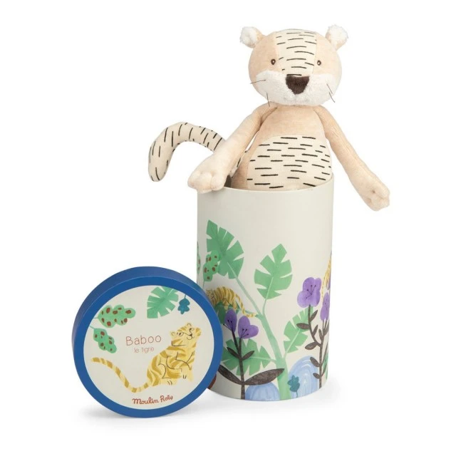 Soft toy tiger in a box