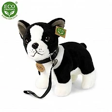 Boston terrier plush dog on a leash standing 23 cm.