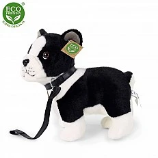 Boston terrier plush dog on a leash standing 23 cm.