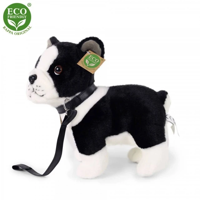 Boston terrier plush dog on a leash standing 23 cm.