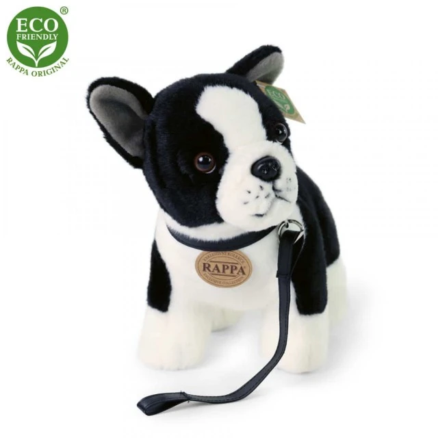 Boston terrier plush dog on a leash standing 23 cm.