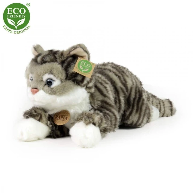 Plush tabby cat lying down 40 cm.