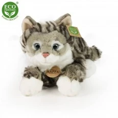 Plush tabby cat lying down 40 cm.
