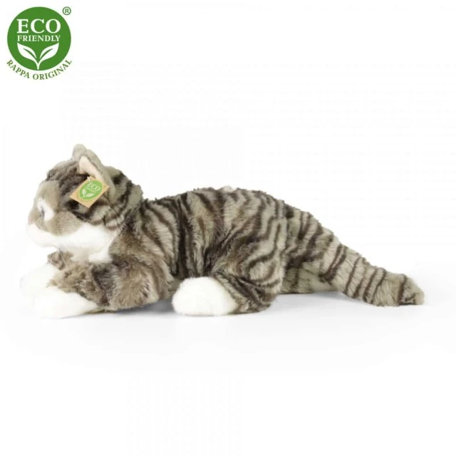 Plush tabby cat lying down 40 cm.
