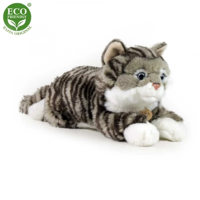 Plush tabby cat lying down 40 cm.
