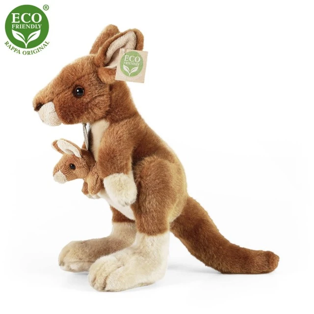 Plush Kangaroo with baby standing 27 cm.