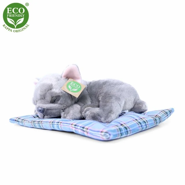Plush Dog Gray French Bulldog sleeping on a rug 23 cm.
