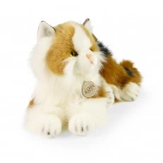 Plush Tricolor cat lying down 30 cm.